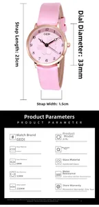 Detailed size specifications for women's quartz watch with pink leather strap and clover dial