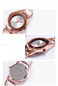 Dettaglio dell'orologio oro rosa con indici in strass e fondello in acciaio inox