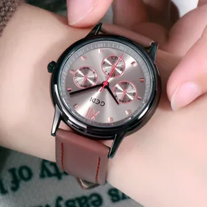 GEDI Women's Fashion Quartz Watch Roman Numerals Three Decorative Sub-dials Leather Strap Alloy Case Ladies Wristwatch