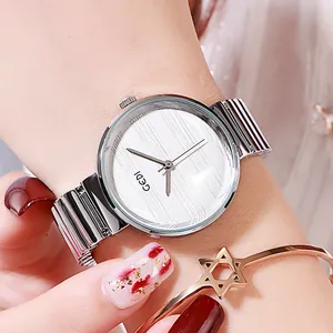 Minimalist silver alloy ladies watch with metal link strap and brushed white dial