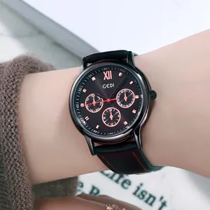 GEDI luxury women's watch with dark grey dial, rose gold markers and black leather strap