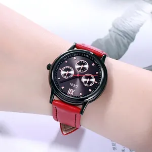 GEDI fashion women's quartz watch with large black dial and elegant red leather strap