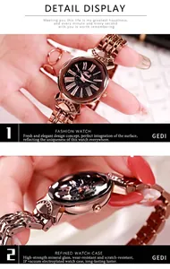 Detail of rose gold starry dial watch with IP plating and mineral glass crystal