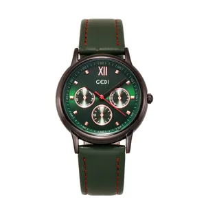 GEDI creative leather watch for women with deep green sunray dial and rose gold markers