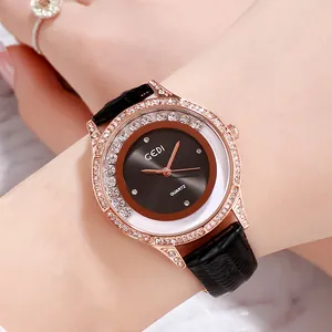 GEDI Montre à Quartz pour Femme Luxe Strass Boîtier en Alliage Or Rose Bracelet en Cuir Montre-Bracelet Mode Décontractée