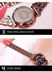 Detail of rose gold watch showing stainless steel back cover and sleek metal band