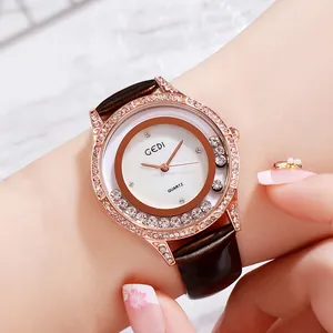 Montre GEDI luxe pour femme avec lunette en cristal et bracelet en cuir marron foncé