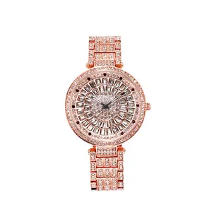 Montre à quartz luxe rose doré pour femme avec cadran serti de diamants et bracelet