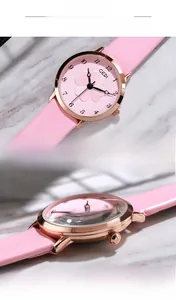 Detail of rose gold case with floral embossed dial and pink leather watch strap