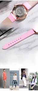 Detail view of pink leather strap and rose gold stainless steel back on a floral watch