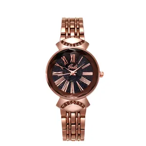 Elegant rose gold watch with starry sky dial, Roman numerals and diamond accents