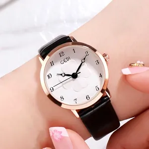 GEDI Women Fashion Quartz Watch Elegant Flower Pattern Dial Alloy Case Leather Strap Minimalist Analog Wristwatch For Ladies Gift