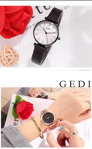 Detailed views of stylish quartz wristwatches for women with metal mesh and link bands