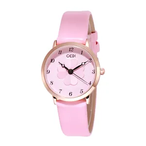 GEDI minimalist quartz watch with pink leather strap and clover embossed dial in rose gold