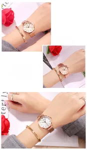 Detail of rose gold mesh band watch and matching Roman numeral bangle set for women