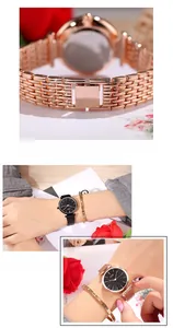 Detail view of stylish women's mesh strap quartz watch and model wearing shots