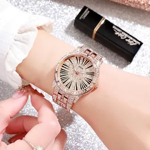 GEDI Mode Luxus Strass Damen Uhr Roségold Lila Blau Quarz Analog Edelstahl Armband Armbanduhr Wasserdicht Geschenk