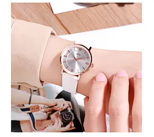 Close-up of GEDI women's watch with rose gold case and white leather strap on wrist