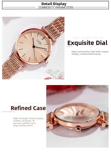 Detail of GEDI rose gold watch with radial dial and mineral glass on mesh strap