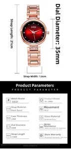 Dettagli orologio da donna con quadrante rosso e dimensioni 35mm diametro e 21cm cinturino