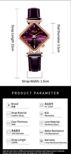 Tabella dettagliata con dimensioni e specifiche tecniche dell'orologio viola da 35mm