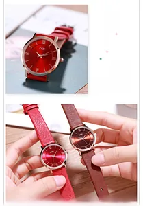 Close-up of retro ladies watch with Roman numerals and leather straps in red and brown