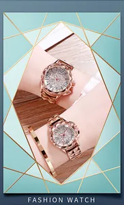 Close-up of rose gold fashion watch with diamond-set dial and matching screw-motif bracelet