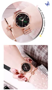 Dettaglio orologio da donna in oro rosa con quadrante sfumato verde e bracciale