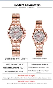 Detailed view of rose gold quartz watches with diamond faces and solid steel bands