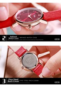 Macro shot of the red dial with Roman numerals and stainless steel case back