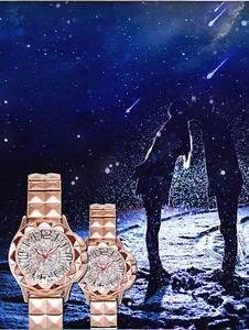 Detail of rose gold couples watches set with diamond-studded dials and textured metal straps