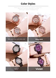 Detail showing four stylish quartz watches with crystal dials and matching metal bracelets