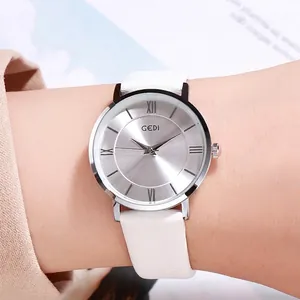 GEDI Women's Minimalist Quartz Watch With Roman Numerals Round Sunburst Dial Retro Leather Strap Ladies Casual Wristwatch