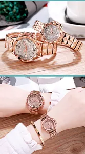 Detail of rose gold couple watches with diamond dials and geometric prism strap design