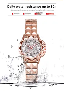 Detail of rose gold women's watch showing 30m water resistance with water splashes