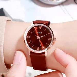 Elegant women's watch with rose gold case, Roman numerals and brown leather strap