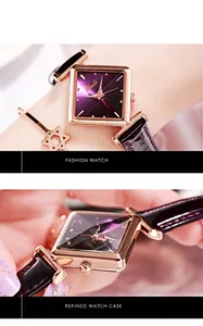 Dettaglio orologio quadrato dorato con quadrante viola e bracciale a stella