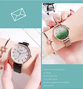 Detail view of GEDI women quartz watch with gradient dial and woven mesh magnetic strap