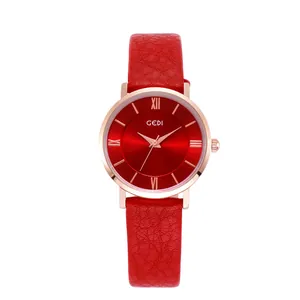 Elegant GEDI women's watch with red leather strap and rose gold case with Roman numerals