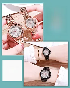 Close-up of luxury full diamond dial watch with geometric metal strap in rose gold