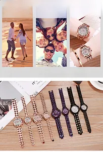 Detail of luxury rhinestone dial and geometric cut metal band on quartz watches