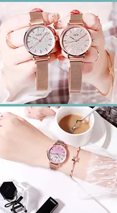 Detail view of GEDI watch with gradient starlight dial and rose gold magnetic Milanese band