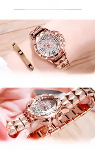 Detail of rose gold watch with crystal-encrusted dial and mineral glass display
