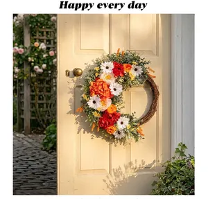 Detail of colorful artificial rose wreath on white wooden door with warm natural sunlight