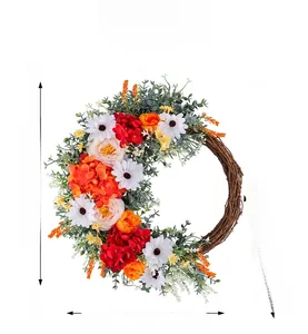 Artificial flower wreath with rose and daisy, size detail showing 40cm x 37cm dimensions