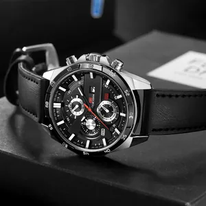Fashionable men's quartz sports watch with black leather strap and silver stainless steel case