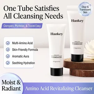Deep cleansing Amino Acid face wash in white squeeze tubes on a wooden display stand