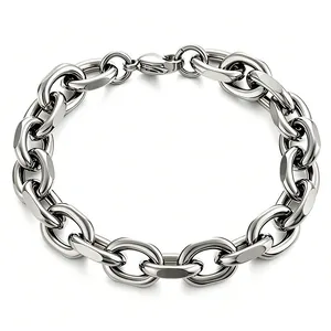 Polished silver stainless steel Cuban chain bracelet for men with lobster clasp