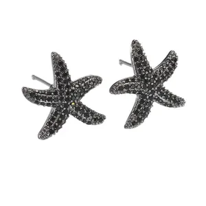 Minimalist black starfish stud earrings with micro-pave black AAA zircon stones