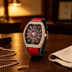 Luxury rose gold tonneau watch for men with full diamond bezel and red leather strap